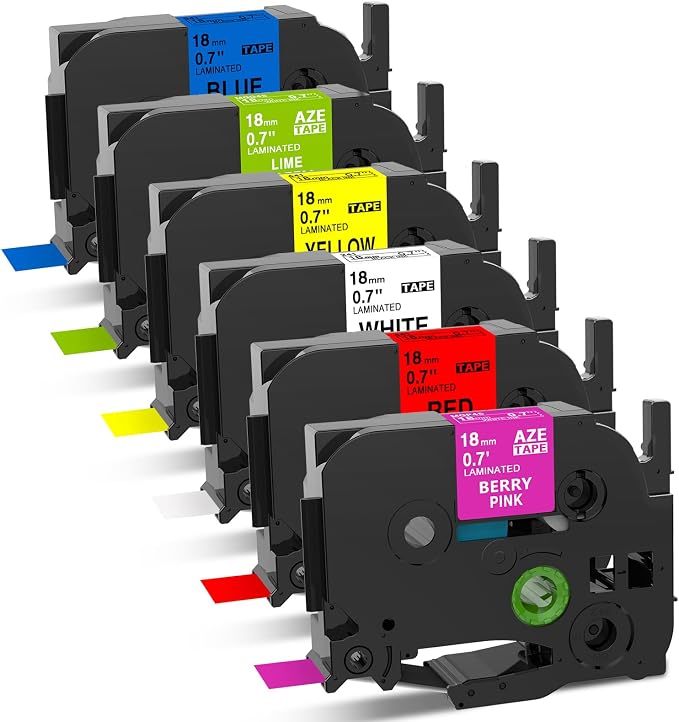 Compatible with Brother P-Touch Label Tape 3/4 Inch TZ Tape 18mm 0.7 Inch | Laminated Colored Label Maker Tape Compatible with Brother PT-D400 PT-D610BT PT-D410, White/Red/Yellow/Blue/Green/Pink, 6PK