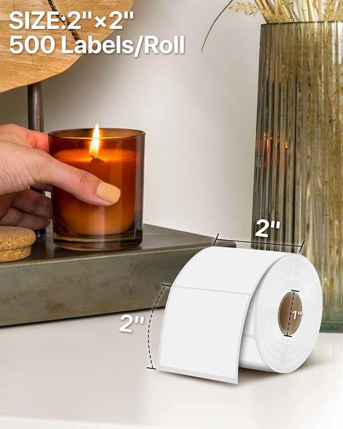 iEager White Square Thermal Label Stickers, 2"x2" Self-Adhesive Square Direct Thermal Labels with Perforation Line, 500 Sheets/Roll
