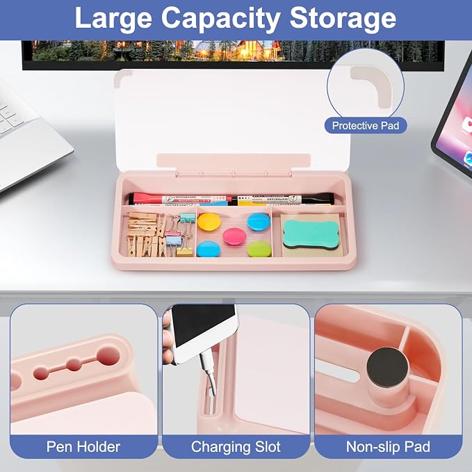 DOLLAR BOSS 12"x7" Small Glass Desktop Whiteboard, Pink | Dry Erase Board with Storage Drawer, Computer Keyboard Stand, Desk Organizer, Office Accessories, School Supplies