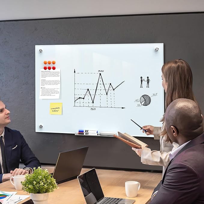 MaxGear 36" x 24" Glass Whiteboard Wall Mounted for Office Home Classroom | Magnetic Glass Dry Erase Board, Tempered Glass, Steel Backed, Non-Porous Surface, Frameless Design, Hardware Included
