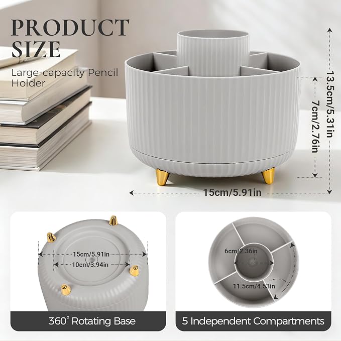KONVINIT Pencil Pen Holder for Desk, 5 Slots 360-Degree Rotating Desktop Organizer, Cute Desk Organizers and Accessories for School, Home, Office and Art Supply, Grey
