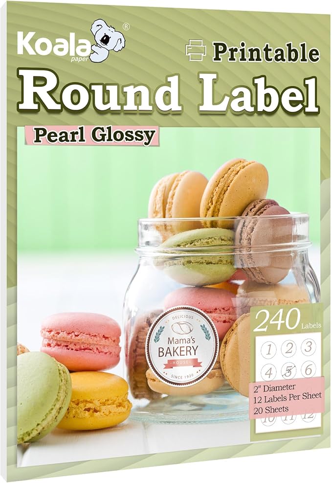 Koala Round Labels 2 Inch - 240 Pearl Glossy White Printable Circle Stickers for Inkjet & Laser Printers, DIY Jar, Party Favor, Thank You Labels