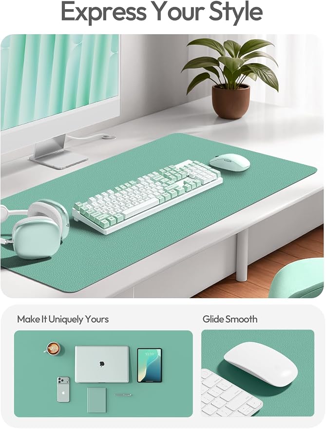 YSAGi Leather Desk Protector, Office Mat, Large Mouse Mat, Non-Slip PU Leather Blotter, Laptop Desk Mat, Waterproof Writing Pad for Office and Home(Green-Blue, 63" x 17.2")