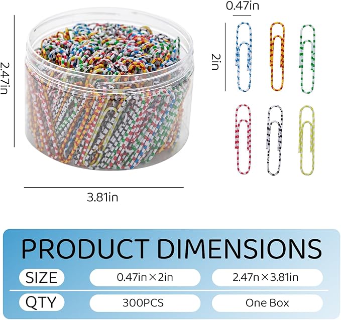 Paper Clips Colorful, 300PCS Jumbo 2 inch, Durable and Rustproof, Large Great for Office School Organizing