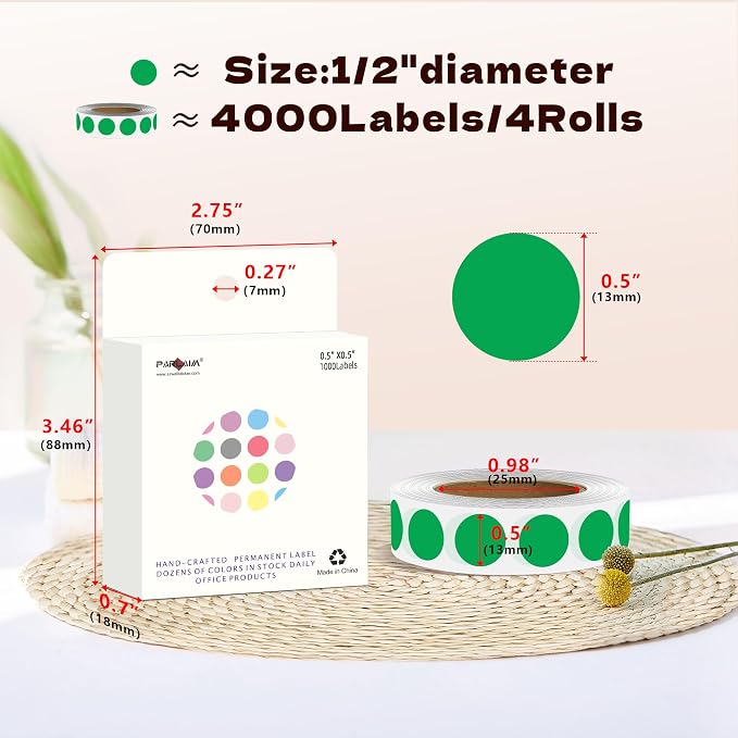 PARLAIM 1/2 Inch Round Permanent Adhesive Color-Code Dot Stickers,4000 Stickers Rolls dots Label Dispenser Box Green Circle Stickers Labels (Green)