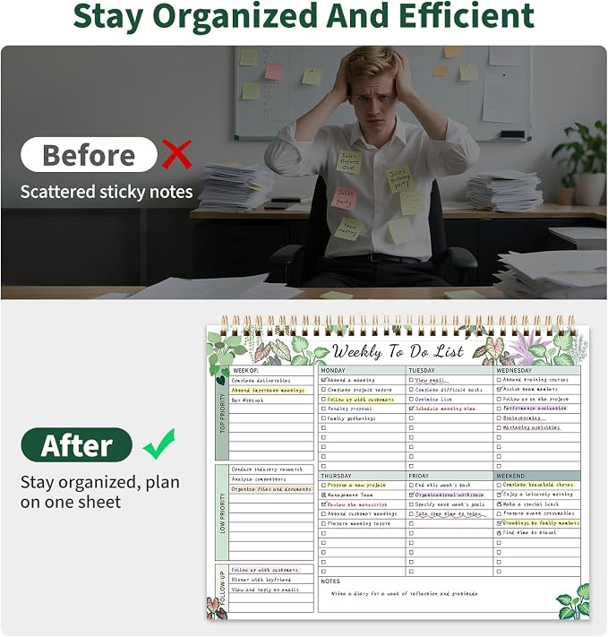 104 Pgs Weekly To Do List Notepad 52 Duplex-Printed Undated Sheets 100 GSM | （8.5"×11") Weekly Desk Planner For Work Home School Office Desk Accessories Supplies & Goal Setting Tasks - Green Foliage