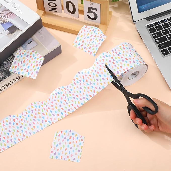 Zonon 65 Feet Bulletin Board Borders Rainbow Dots Scalloped Wavy Trim | Polka Dot Design for Classroom, Back to School Borders, Straight Wavy Rolled Trim, Colorful Displays for Blackboard