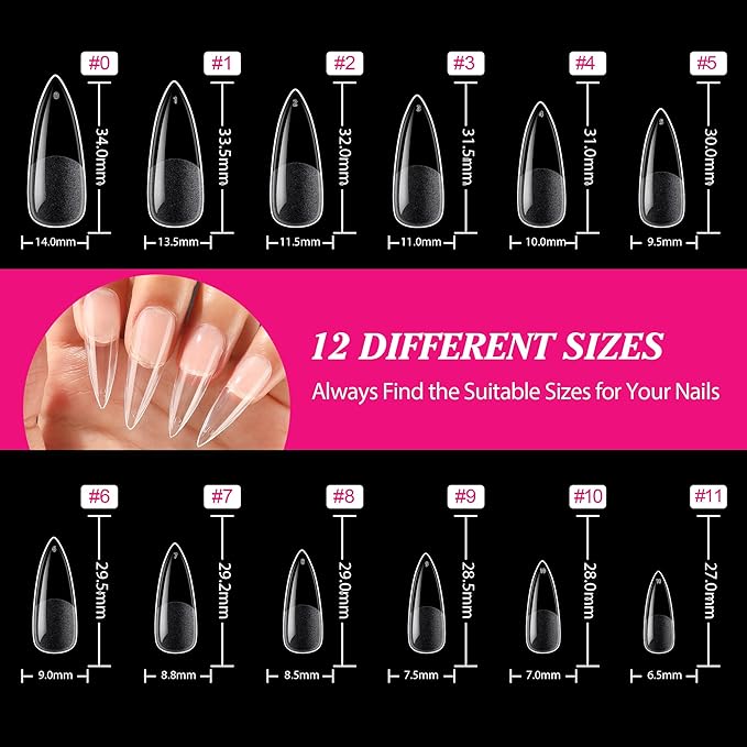 UNA GELLA Long Stiletto Nail Tips 504PCS, Full Cover Pre-Etched Long Stiletto Almond Clear Fake Nails Tips, Sturdy Acrylic Press on Nails, No C Curve Soft Gel Tip for DIY Nail Extension kit 12 Sizes