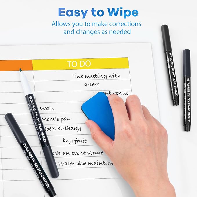 maxtek Black Dry Erase Markers Ultra Fine Tip, 0.7mm, 6 Count | Low Odor, Extra Fine Point, For Planning Whiteboard, Calendar Boards, For School Supplies