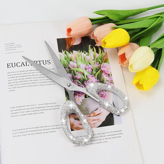 MultiBey 7.7" Rhinestone Cute Scissors, White | Cute Sparkly Rhinestone Scissors with Stainless Steel Blades | Aesthetic Craft Shears for Scrapbooking, Journaling & Office