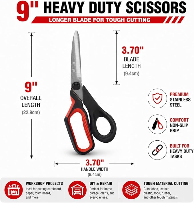 LIVINGO 9-Inch Industrial Scissors - Heavy Duty All Purpose Shears | Non-Slip Grip with Stainless Steel Blades for Cardboard, Fabric, Leather, Packaging, Workshop and Home Projects