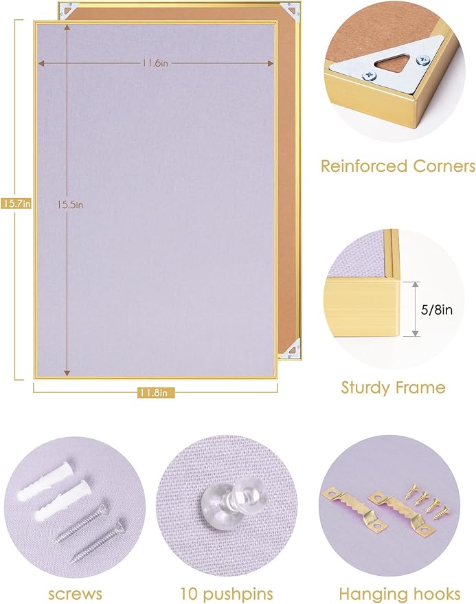 Bulletin Board 16 x 12 inches, Light Lavender Pin Board, Golden Aluminum Framed Fabric Cork Board with 10 Push Pins