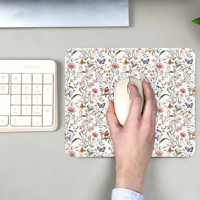 Mouse Pad for Desk with Stitched Edge, Premium Cute Washable Mouse Pads. Computer Mousepad with Non-Slip Rubber Base, Mousepads for Laptop, 9.25x7.75x0.12 inch (Floral Butterflies)