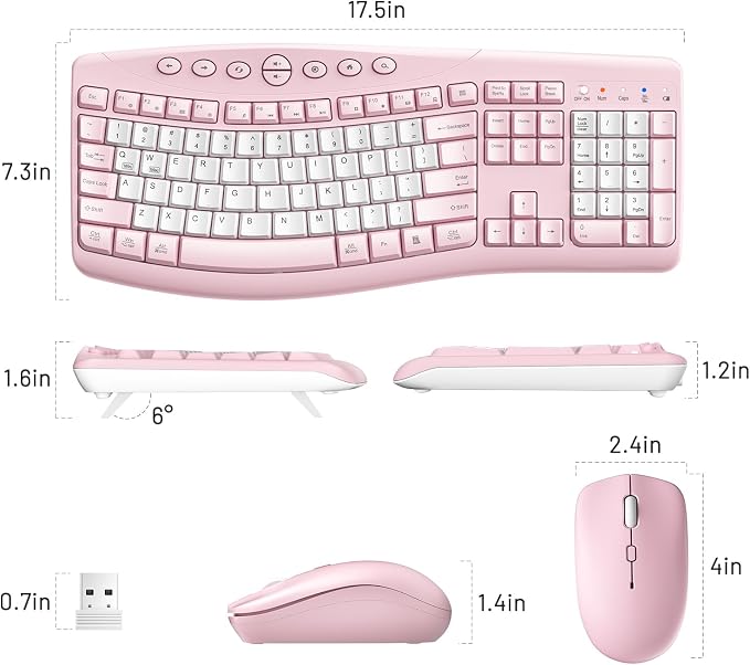 Wireless Keyboard and Mouse Combo Silent Ergonomic Curved Design for Office | 2.4G Full Size Cordless Keyboard with Tilt Legs,3-Level DPI Quite Mouse for Windows,Mac OS/Desktop/Laptop/PC