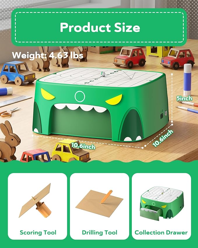 Dinosaur Kids Cardboard Cutter for Ages 3+, Safe Bladeless Power Tool for Cardboard Crafts, DIY STEM & STEAM Educational Construction Kit, Creative Upcycling Gift Toy for Boys & Girls