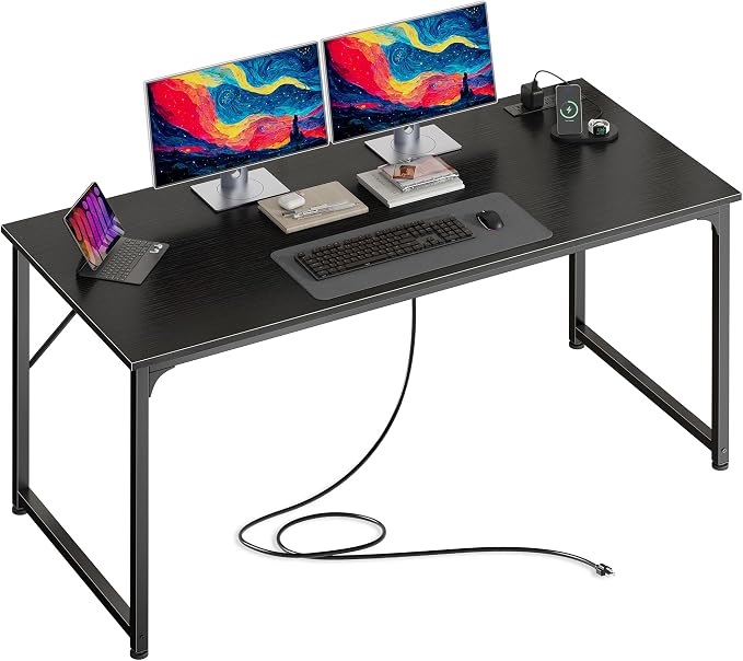 54 X 24 Inch Deeper Desk with Power Outlets | Large Computer Desk for Bedroom, Office Desk for Work from Home, Writing Study Gaming Table, Stable Metal Frame, Black