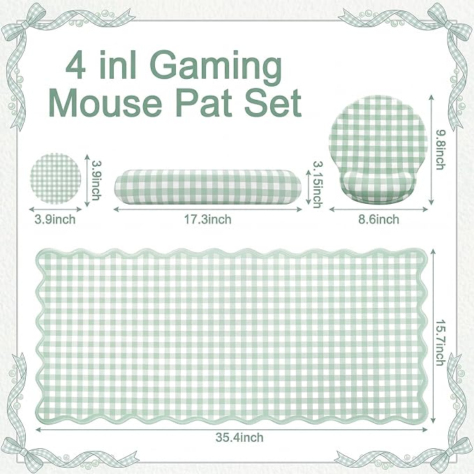 Green Gingham Desk Mat Set with Wrist Rest, Ergonomic Design, Scalloped Edge Keyboard Mouse Pad Set Large 35.4x15.7 Inch, Memory Foam Wrist Support, Non-Slip Desk Pad Home Office Decor