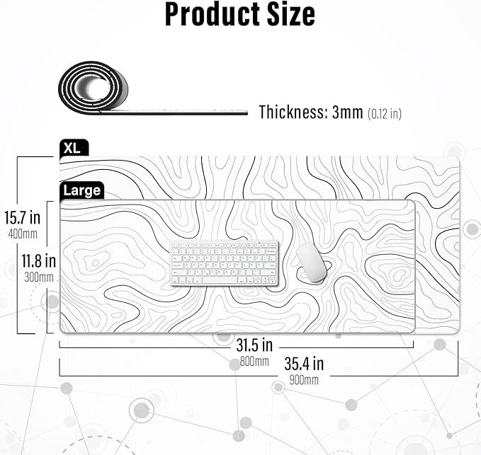 Ovenbird Large Gaming Mouse Pad with Stitched Edges, Minimalist Topographic Map Desk Mat, Extended XL Mousepad with Anti-Slip Base, Cool Desk Pad for Keyboard and Mouse, 35.4 x 15.7 in, White