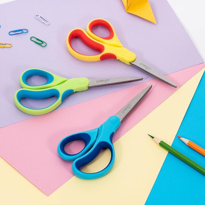 LIVINGO 7" Kids Scissors for School Pointed Tip 3 Pack | Durable Stainless Steel Edge, Soft Handle Design, Teacher Classroom Supplies, Art Craft Activities, Assorted Color