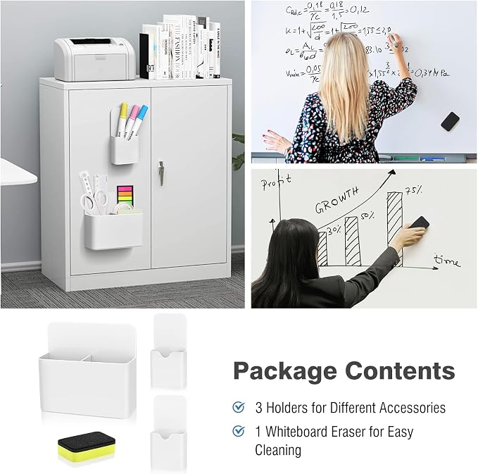 MoKo Magnetic Pen Holder Set, 3-Pack with Eraser, White | Magnetic dry erase marker holder set has one large divided organizer, two small holders and one eraser.