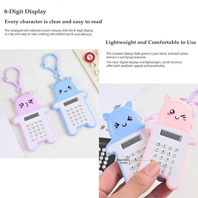 6-Pack Cute Mini Keychain Digital Calculators, 8-Digit LCD Display, Cartoon Design, Portable for School & Office, Kids Calculator, Battery Powered (Included)