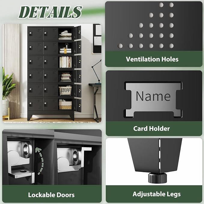 Metal Lockers for Employees-18 Doors Storage Locker with Shelves and Lockable Steel Cabinet for School,Gym,Office,Staff,Assembly Required,Black