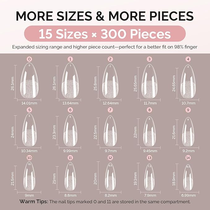 MelodySusie Medium Almond X Nail Tips - 300Pcs 15 Sizes Clear Acrylic, Half Matte Full Cover Press on Nails for DIY Extension&Salon Use,Pre-Shaped for Long-Lasting Manicure