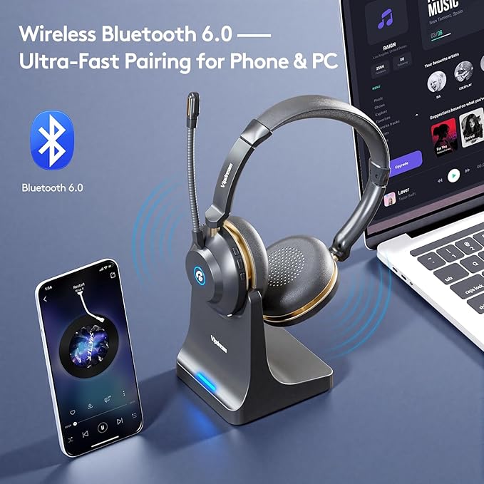Wireless Headset with Mic for Work,6.0 Bluetooth Headset with Microphone,45 Hours Worktime & Mute Button,Headset with Mic for Pc,iPhone,Computer,Remote Work,Office,Home,Zoom,Skype