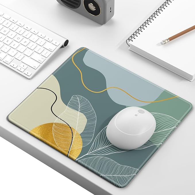 Mouse Pad, Minimalism Marble Style Computer Pad, Anti-Slip Rubber Mouse Mat with Stitched Edges for Gaming, Office, Laptop, PC, Women, 9" x 8" Thick 3 mm, Boho Leaves-02