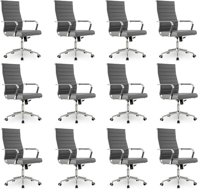 Okeysen Office Desk Chair, Ergonomic Leather Modern Conference Room Chairs, Executive Ribbed Height Adjustable Swivel Rolling Chair for Home Office Set of 12. (Grey)