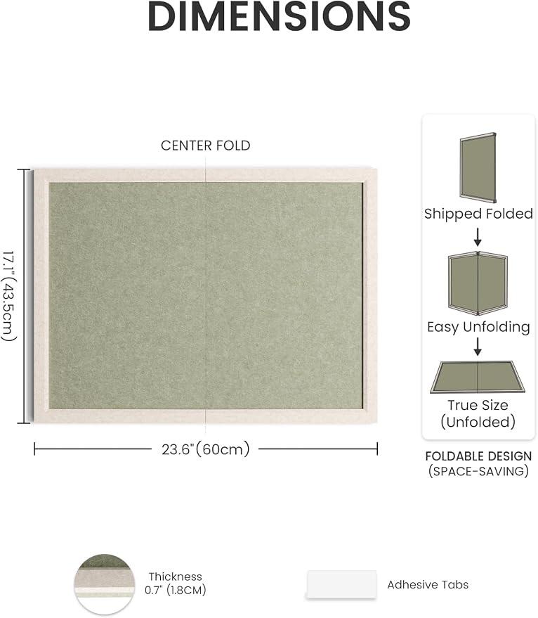 Fluxynara 23.6" x 17.1" Felt Frame Bulletin Board, Sage | Cork Board Alternative with 12 Removable Adhesive Tabs, Foldable Pin Board for Wall, Home, Office, Classroom & Dorm