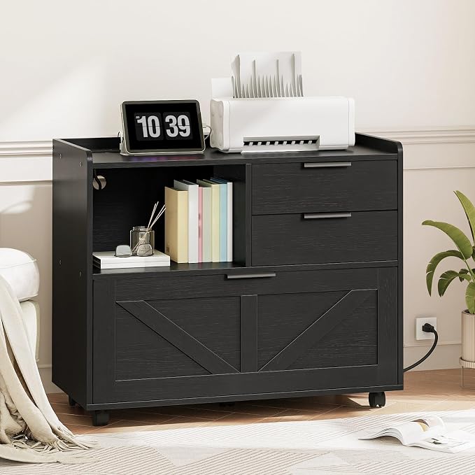 HOOBRO Lateral File Cabinet, Wooden Office Storage Drawers with Charging Station, Filing Cabinet for Home Office, A4/Letter/Legal-Sized Files, Printer Stand with Open Storage Spaces, Black BB37UWJ01
