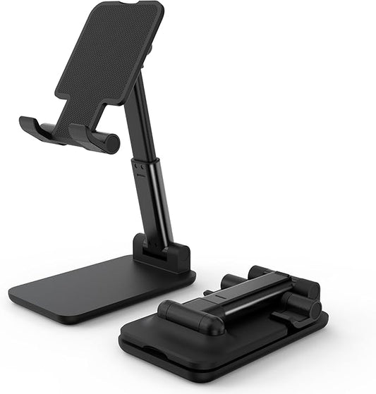Cell Phone Stand, Adjustable Angle and Height Cell Phone Holder for Desk, Foldable and Portable, Anti-Slip Silicone Pad, Compatible with All Mobile Phones and 4-8 Inch Devices, Black