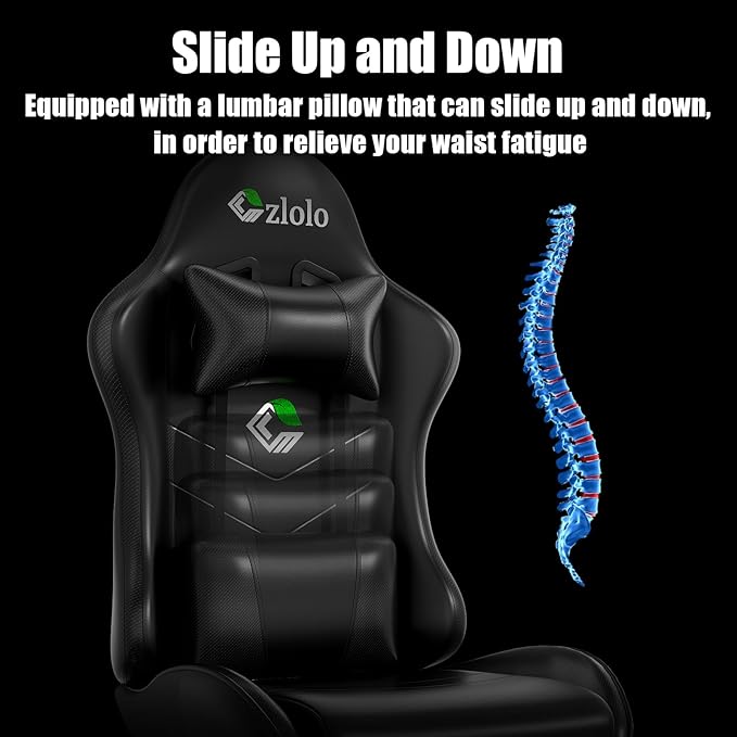 Gaming Chair, Ergonomic Office Computer Chair with Footrest and Lumbar Support Massager Racing Style High Back Video Gamer Chair, Wide＆Thick Cushion, 90°-135° Recline, Adjustable Height, Black
