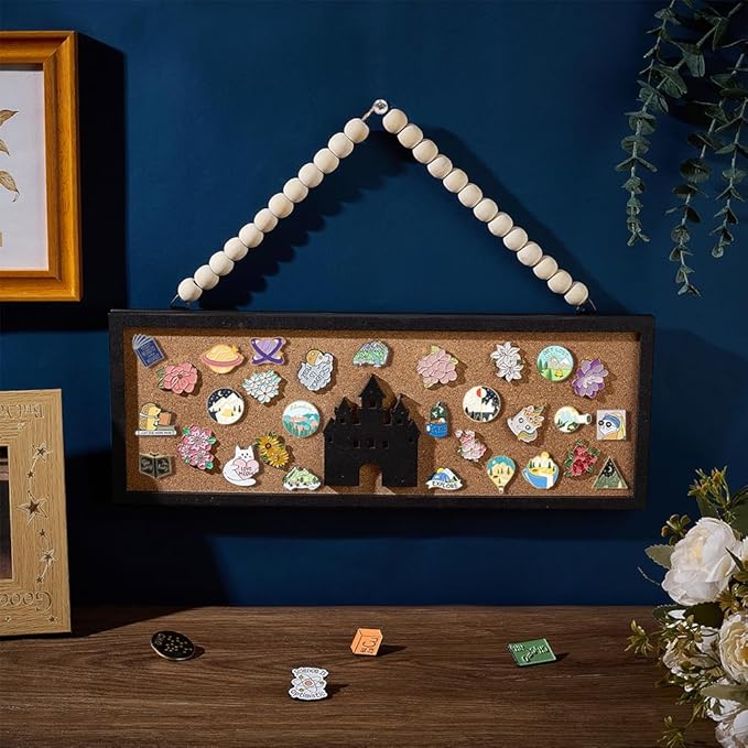 BENECREAT Rectangle Castle Pin Board Cork Board, 5.5x15inch Bulletin Display Board Wall Mounted Cork Board with Black Frame and White Beads for Brooch Pin Storage Display