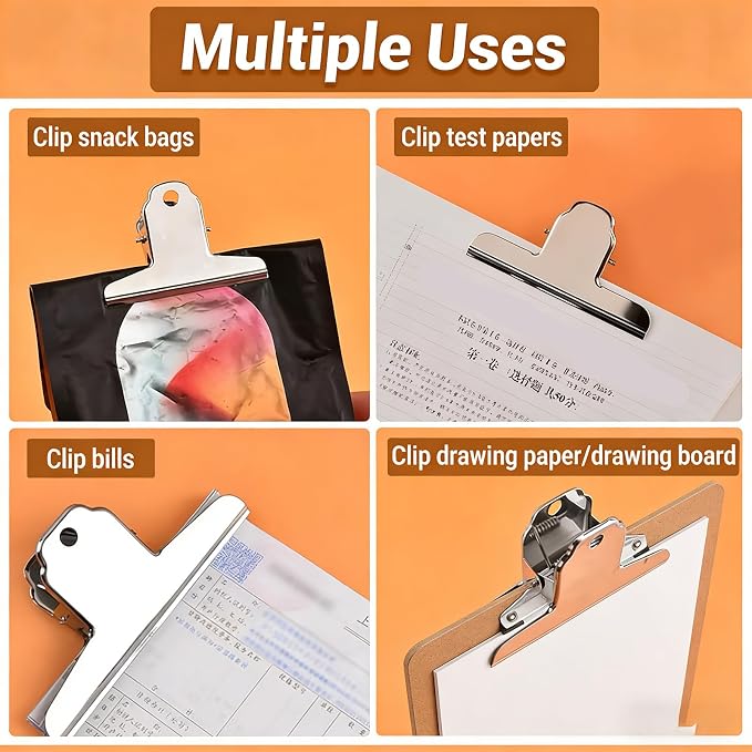 Extra Large Bull Paper Clips, 5.71 Inch - 12 Pack, Silver, 145 mm, Stainless Steel Mountain Binder Clips - Heavy Duty Square Metal File Clamps for Home Office School Supplies