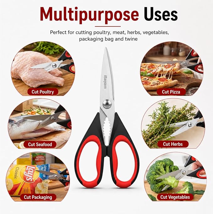 iBayam 3-Pack 8.7" Kitchen Scissors All Purpose Heavy Duty Shears w/Sheath | Soft Comfort Grip, Dishwasher Safe, Stainless Micro-Serrated Edge Blades, Cooking Poultry Herbs Meat Seafood Tools