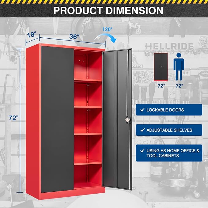 Fesbos Metal Storage Cabinet-72” Tall Steel File Cabinets with Lockable Doors and Adjustable Shelves-Black&Red Steel Storage Cabinet for Kitchen, Office, Garage