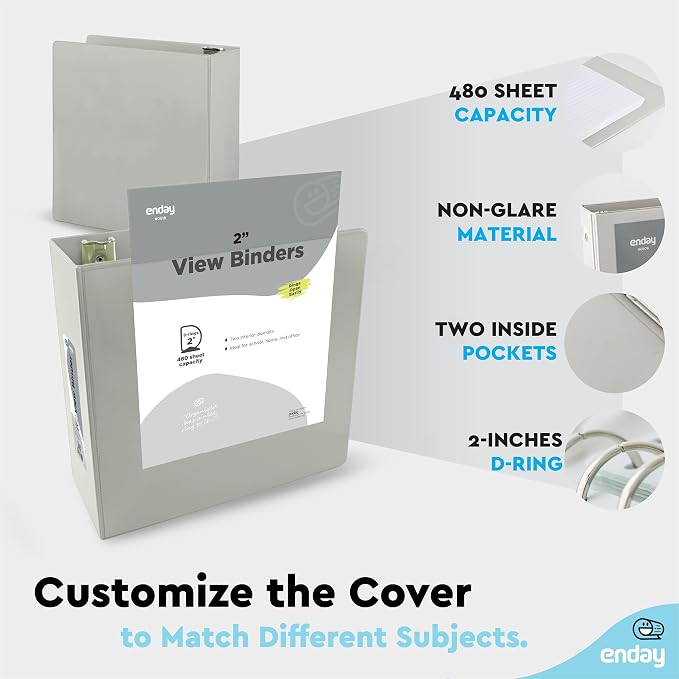 Enday 2 Inch 3 Ring Binder, Grey Heavy Duty Three Ring Binder, 480 Sheets Capacity - 2 Inch Binder for Home School and Office.