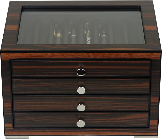 Stackable Wooden Display Case with Drawer – Slot Ebony Pen Cabinet, Luxury Fountain Pen Storage Box with Glass Window for Collection (4)