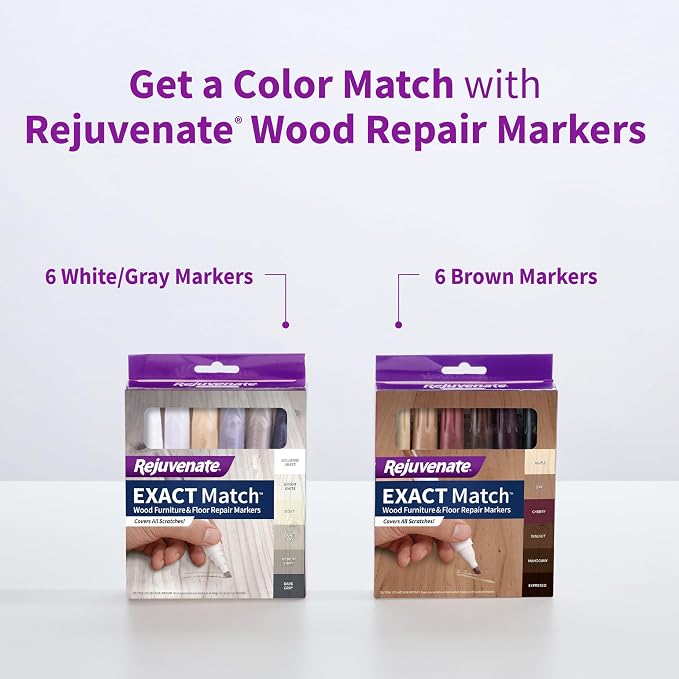 Rejuvenate Exact Match Wood Furniture & Floor Repair Markers, 6 Count, Brown Markers Cover All Scratches, Scuffs And Damage To Wood Furniture And Flooring | Covers Scratches & Scuffs on Furniture & Flooring, Colors: Maple, Oak, Cherry, Walnut, Mahogany...