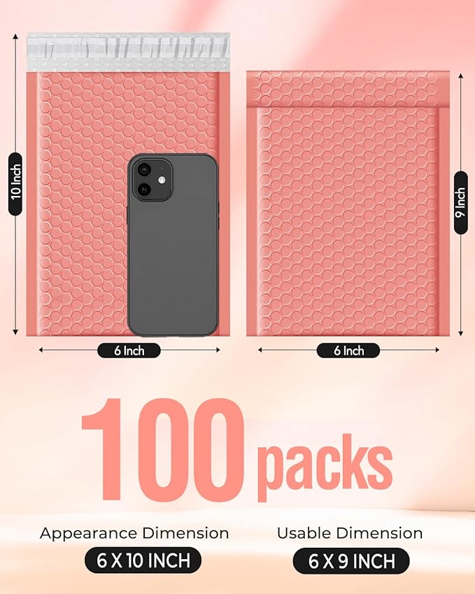 Metronic Bubble Mailers 6x10" 100 Pack Pale Pink Self-Seal Padded Envelopes Usable Size 6x9" Waterproof Bubble Envelopes Bulk for Small Business Padded Mailers for Mailing Jewelry#0
