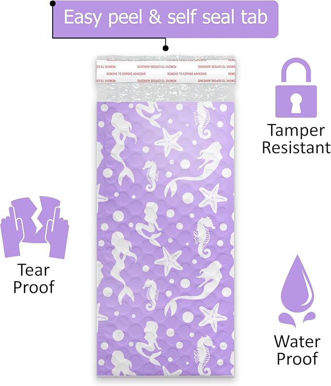 4x8 (20pcs) Purple Mermaids Designer Self Seal Poly Bubble Mailers Shipping Envelopes Padded Bags