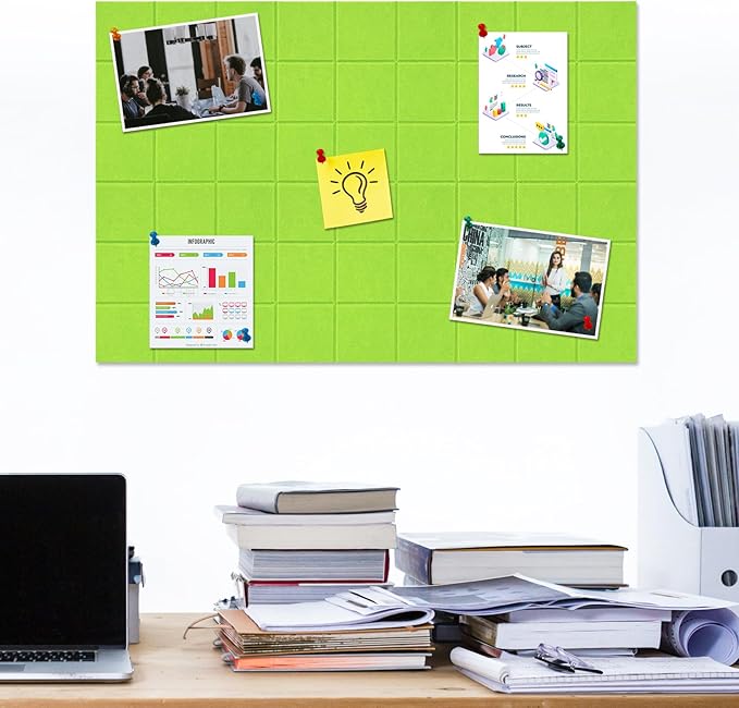 Large Square Felt Cork Board Tiles, Self Adhesive DIY Felt Bulletin Board with 35 Pushpins for Office School Home Wall Decor Stickers Memos (Bright Green)