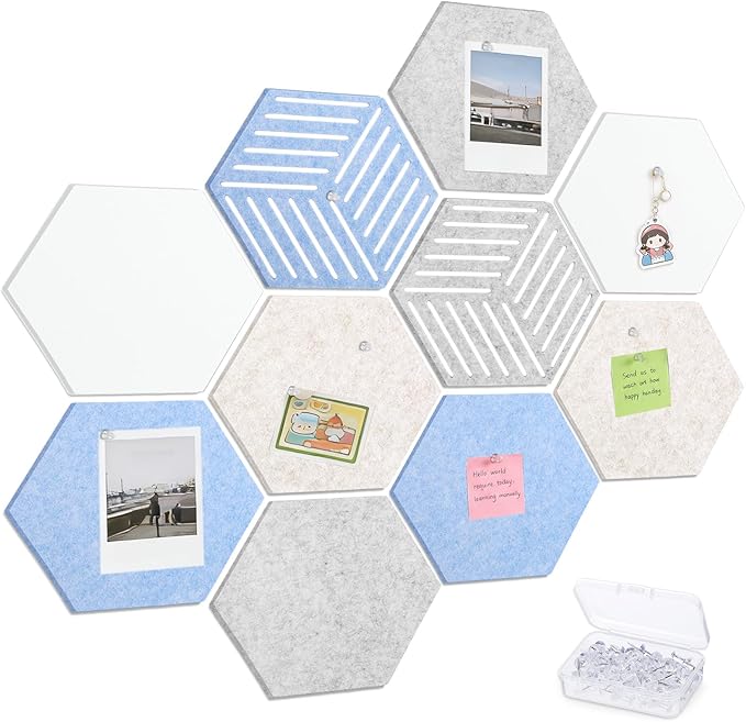 10 Pack Hexagon Cork Board, 12" x 10" Self-Adhesive Felt Bulletin Board Tiles with 40 Pushpins, Cute Pin Boards for Wall Decor Home Office School DIY Display Boards for Photos (Blue Theme)