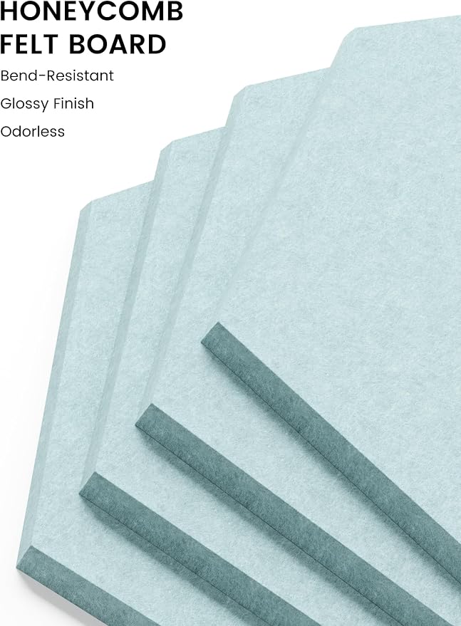 Fluxynara 12-Pack Hexagon Felt Bulletin Board Tiles, Teal Blue-1 | Cork Board Alternative with 60 Adhesive Tabs for Notes, Photos and Reminders in Home Offices, Dorm and Classrooms