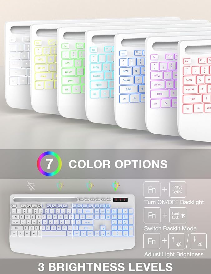 Wireless Keyboard and Mouse Combo - 9 Backlit Effects, RGB, 2.4Ghz | Ergonomic Wrist Rest, Phone Holder, Rechargeable, Full Size, KM22 MAX Silent Set for Computer, Laptop, Mac, Windows (White)