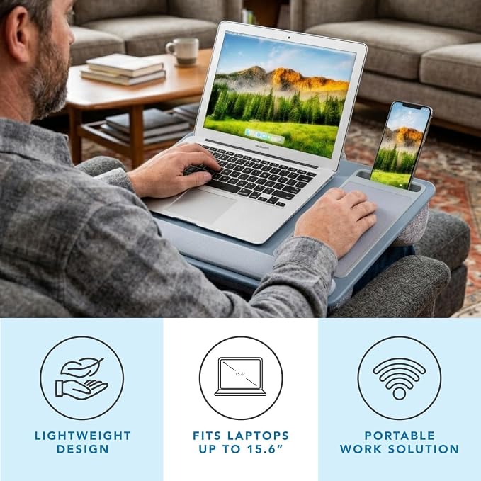 LAPGEAR Home Office Pro Lap Desk - Slate Blue, Fits 15.6” Laptops | Built-In Mouse Pad & Phone Slot, Wide Cushioned Wrist Rest, Dual-Bolster Microbead Cushion, Carry Handle