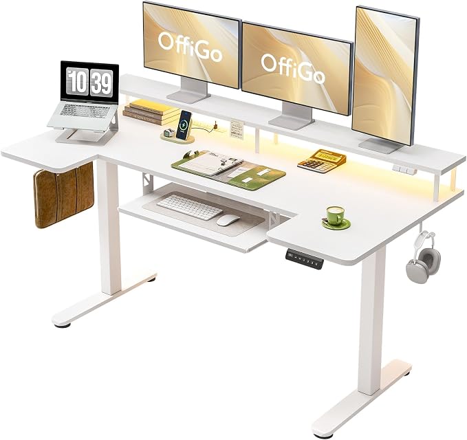 63 Inch U Shaped Electric Standing Desk with Keyboard Tray, White | Power Outlet, Monitor Stand, LED Light, 3 Presets, 28.3"-46.5"in Range, 154 lb Capacity