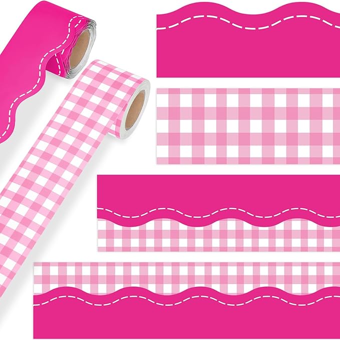 2 Rolls 65.6ft Hot Pink Gingham Bulletin Board Borders Decoration Pink Checkered and Straight Edge Bulletin Borders Board Trim for Office School Classroom Chalkboard Party Decoration